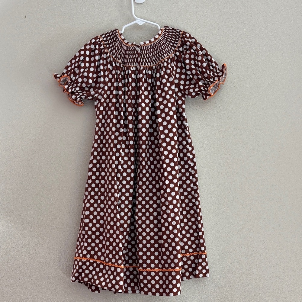 Claire & Charlie Polka Dot Kids Dress with Smocking  And Pumpkin Accents Size 6X - Picture 6 of 9